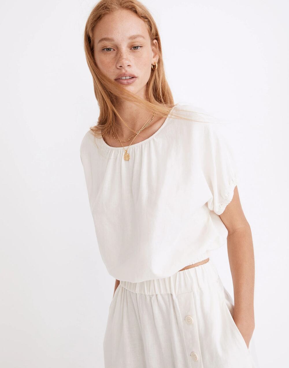 NWT Madewell Women's Linen-Blend Michele Bubble Top Lighthouse (Off-White) SZ M